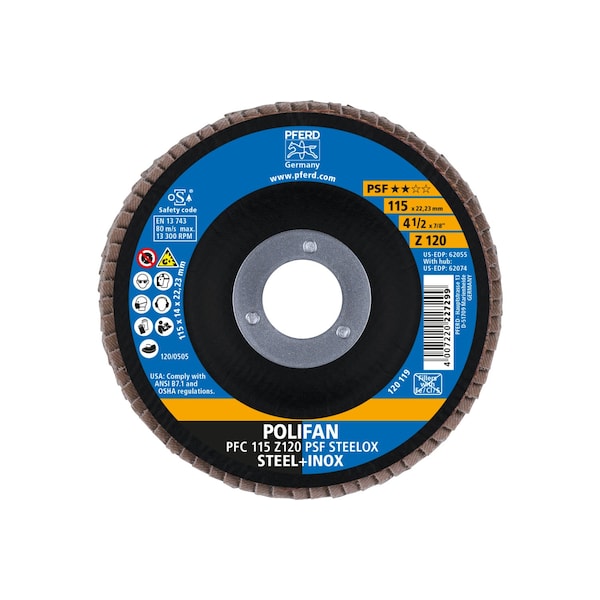 Pferd 4-1/2" x 7/8" A.H. POLIFAN Flap Disc - Z PSF STEELOX, Zirconia, 120 Grit, Conical - 62055