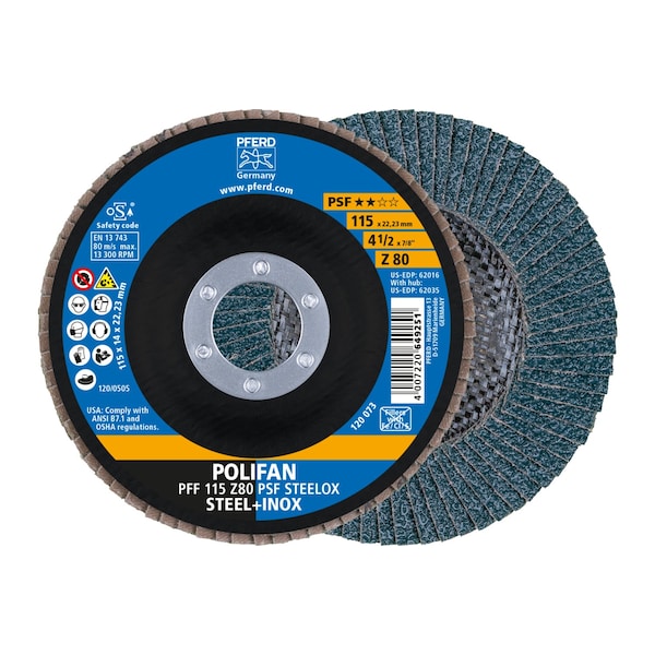Pferd 4-1/2" x 7/8" A.H. POLIFAN Flap Disc - Z PSF STEELOX, Zirconia, 80 Grit, Flat - 62016