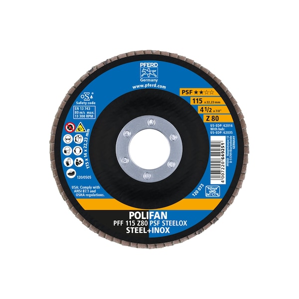Pferd 4-1/2" x 7/8" A.H. POLIFAN Flap Disc - Z PSF STEELOX, Zirconia, 80 Grit, Flat - 62016