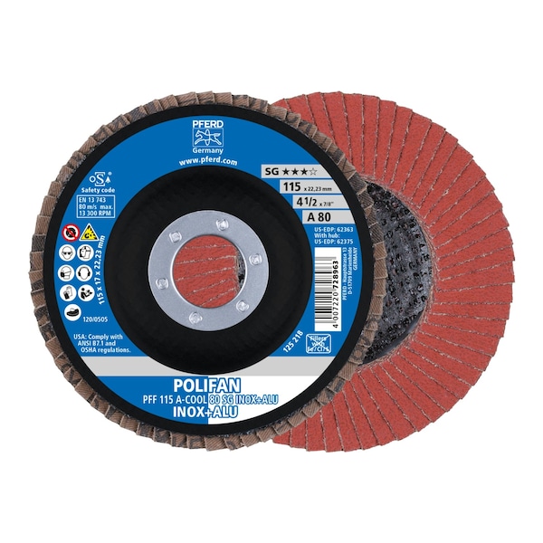Pferd 4-1/2" x 7/8" A.H. POLIFAN Flap Disc - A-COOL SG INOX+ALU, Aluminum oxide, 80 Grit, Flat - 62363