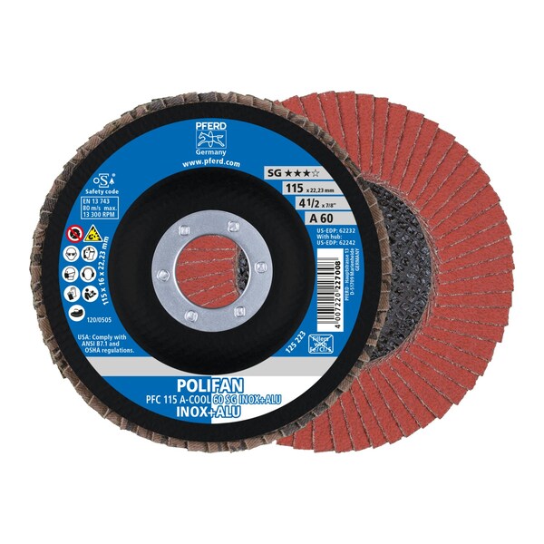 Pferd 4-1/2" x 7/8" A.H. POLIFAN Flap Disc - A-COOL SG INOX+ALU, Aluminum oxide, 60 Grit, Conical - 62232