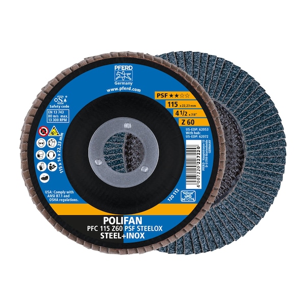 Pferd 4-1/2" x 7/8" A.H. POLIFAN Flap Disc - Z PSF STEELOX, Zirconia, 60 Grit, Conical - 62053
