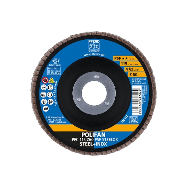 Pferd 4-1/2" x 7/8" A.H. POLIFAN Flap Disc - Z PSF STEELOX, Zirconia, 60 Grit, Conical - 62053
