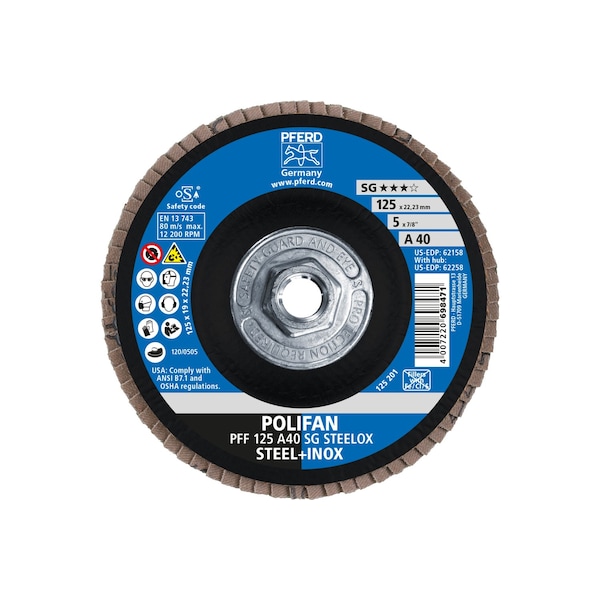 Pferd 5" x 5/8-11 Thd. POLIFAN Flap Disc - A SG STEELOX, Aluminum oxide, 40 Grit, Flat - 62258