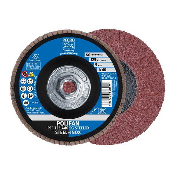 Pferd 5" x 5/8-11 Thd. POLIFAN Flap Disc - A SG STEELOX, Aluminum oxide, 40 Grit, Flat - 62258