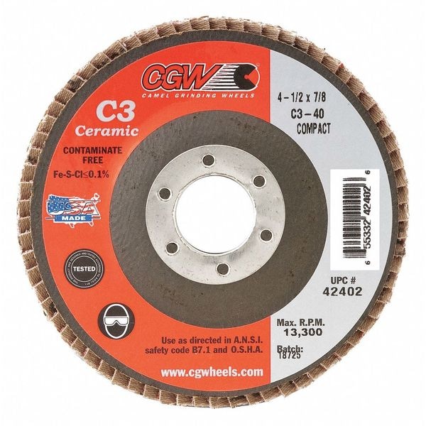 Cgw Abrasives Flap Disc, 7x7/8, T29, C3, Cer, 40G - 42822