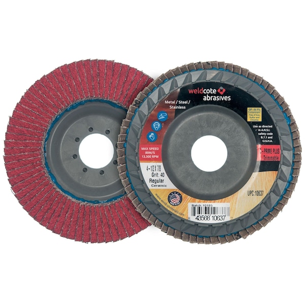 C-Prime Plus Ceramic Premium Trimmable Flap Discs, 4-1/2in x 5/8-11, Grit 80, 10PK - 10643