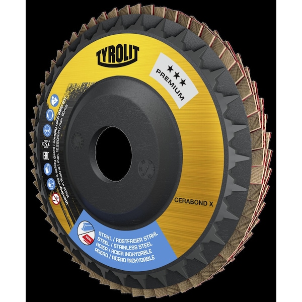 Tryolit Abrasives TYROLIT Premium CERABOND Flap Disc, 5" x 7/8", Type 27, 60 Grit - 34334441