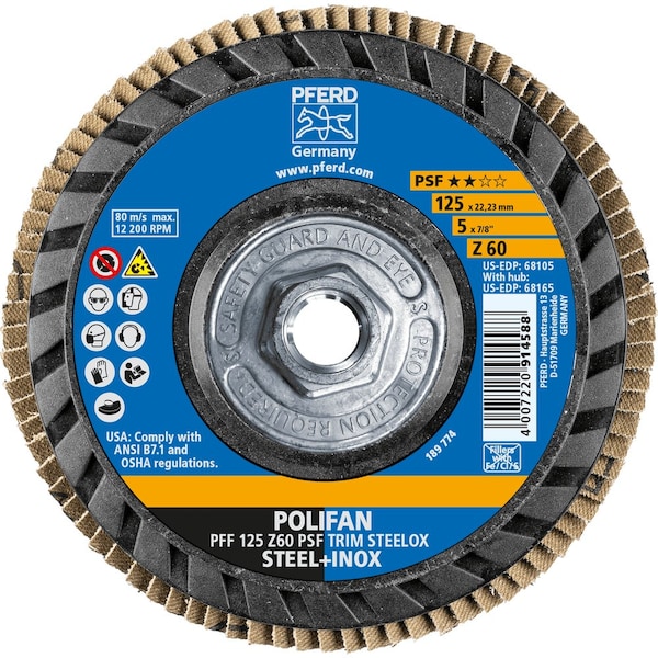Pferd 5'' x 5/8-11 Thd. POLIFAN Flap Disc - Z PSF TRIM STEELOX, Zirconia, 60 Grit, Flat - 68165