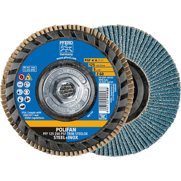 Pferd 5'' x 5/8-11 Thd. POLIFAN Flap Disc - Z PSF TRIM STEELOX, Zirconia, 60 Grit, Flat - 68165