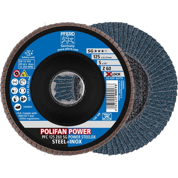Pferd 5'' X-LOCK POLIFAN Flap Disc - Z SG POWER STEELOX, Zirconia, 60 Grit, Conical - 60779