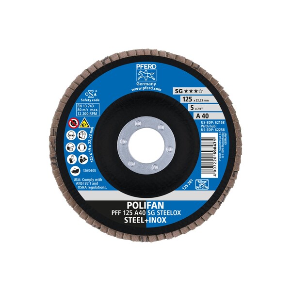 Pferd 5" x 7/8" A.H. POLIFAN Flap Disc - A SG STEELOX, Aluminum oxide, 40 Grit, Flat - 62158