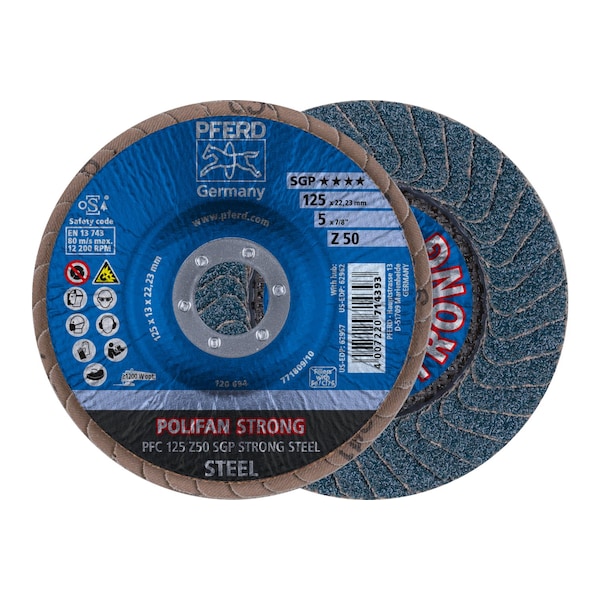 Pferd 5" x 7/8" A.H. POLIFAN Flap Disc - Z SGP STRONG STEEL, Zirconia, 50 Grit, Conical - 62957