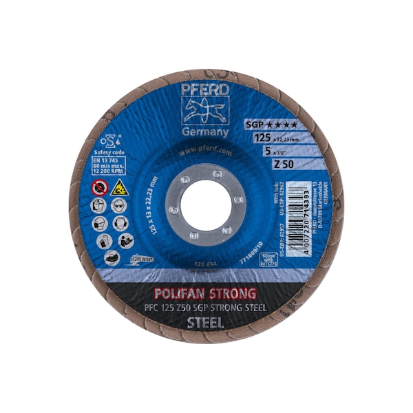 Pferd 5" x 7/8" A.H. POLIFAN Flap Disc - Z SGP STRONG STEEL, Zirconia, 50 Grit, Conical - 62957