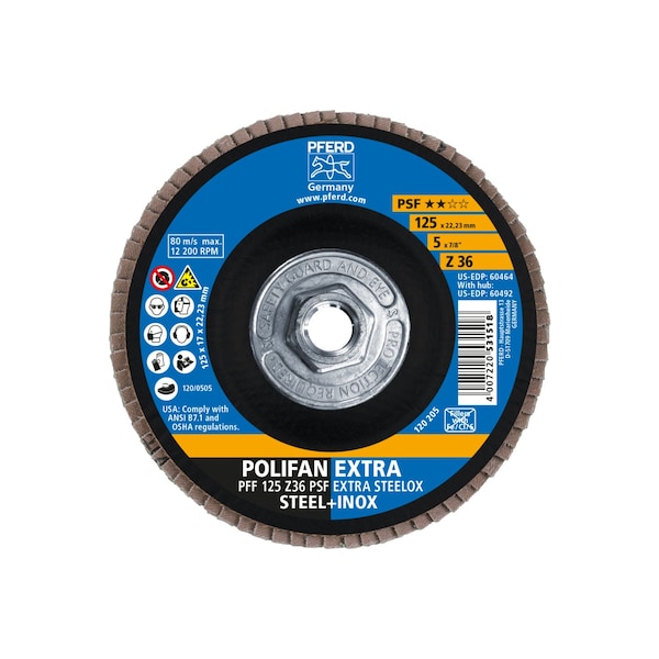 Pferd 5" x 5/8-11 Thd. POLIFAN Flap Disc - Z PSF EXTRA STEELOX, Zirconia, 36 Grit, Flat - 60492