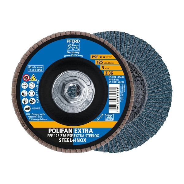 Pferd 5" x 5/8-11 Thd. POLIFAN Flap Disc - Z PSF EXTRA STEELOX, Zirconia, 36 Grit, Flat - 60492