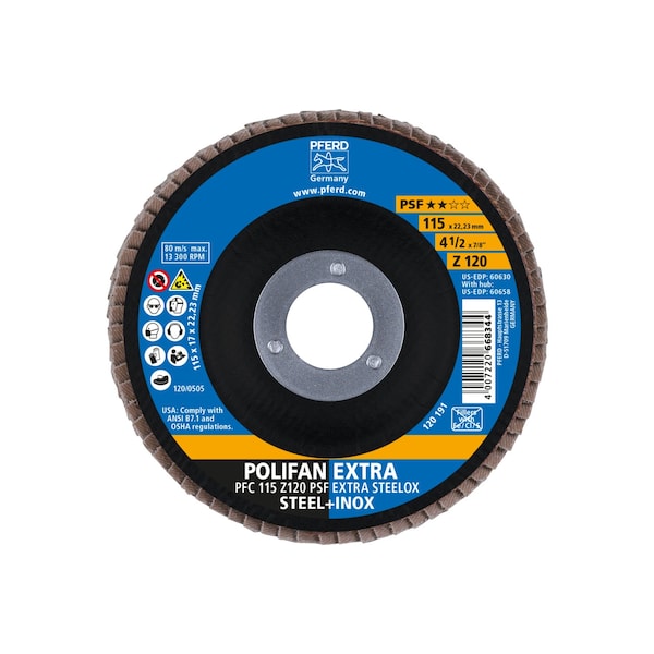 Pferd 4-1/2" x 7/8" A.H. POLIFAN Flap Disc - Z PSF EXTRA STEELOX, Zirconia, 120 Grit, Conical - 60630