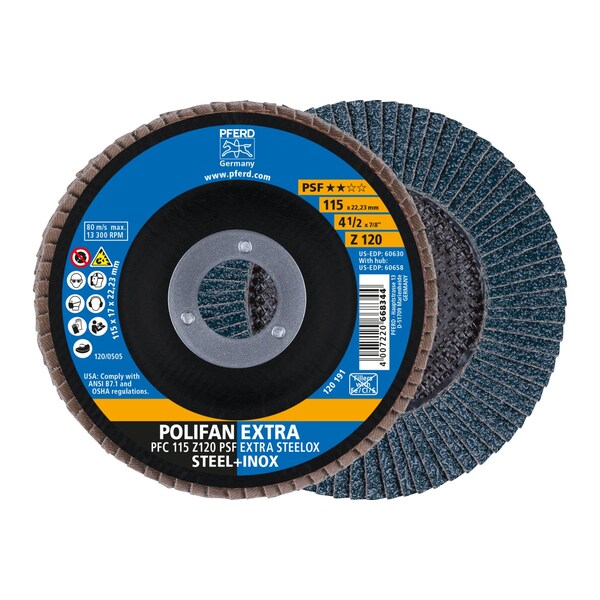 Pferd 4-1/2" x 7/8" A.H. POLIFAN Flap Disc - Z PSF EXTRA STEELOX, Zirconia, 120 Grit, Conical - 60630
