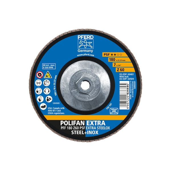 Pferd 7" x 5/8-11 Thd. POLIFAN Flap Disc - Z PSF EXTRA STEELOX, Zirconia, 60 Grit, Flat - 60509