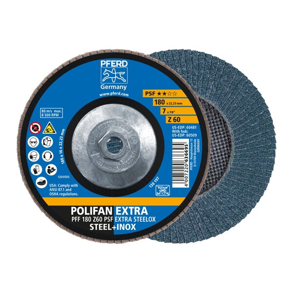 Pferd 7" x 5/8-11 Thd. POLIFAN Flap Disc - Z PSF EXTRA STEELOX, Zirconia, 60 Grit, Flat - 60509