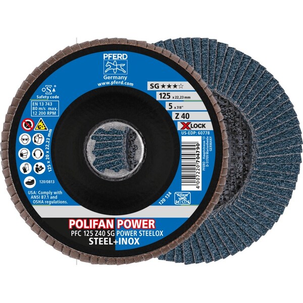Pferd 5'' X-LOCK POLIFAN Flap Disc - Z SG POWER STEELOX, Zirconia, 40 Grit, Conical - 60778