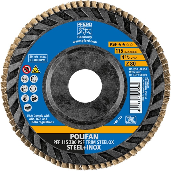 Pferd 4-1/2'' x 7/8'' A.H. POLIFAN Flap Disc - Z PSF TRIM STEELOX, Zirconia, 80 Grit, Flat - 68100