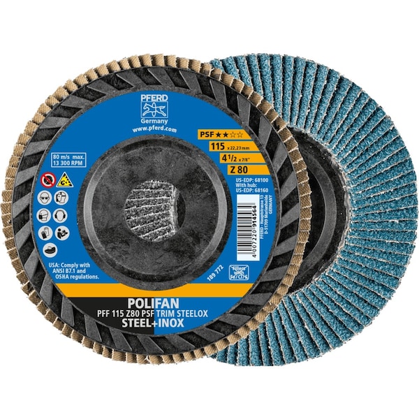 Pferd 4-1/2'' x 7/8'' A.H. POLIFAN Flap Disc - Z PSF TRIM STEELOX, Zirconia, 80 Grit, Flat - 68100