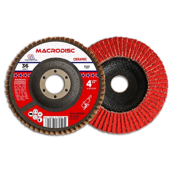Continental Abrasives 4-1/2" x 7/8" 36 Grit T27 Ceramic Standard Flap Disc - FC-4550367