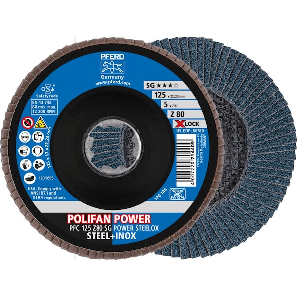 Pferd 5'' X-LOCK POLIFAN Flap Disc - Z SG POWER STEELOX, Zirconia, 80 Grit, Conical - 60780