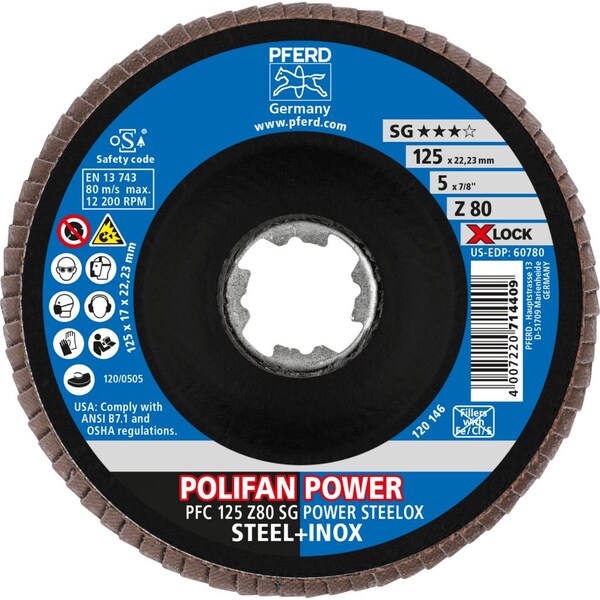 Pferd 5'' X-LOCK POLIFAN Flap Disc - Z SG POWER STEELOX, Zirconia, 80 Grit, Conical - 60780