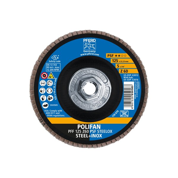 Pferd 5" x 5/8-11 Thd. POLIFAN Flap Disc - Z PSF STEELOX, Zirconia, 60 Grit, Flat - 63016