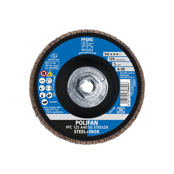 Pferd 5" x 5/8-11 Thd. POLIFAN Flap Disc - A SG STEELOX, Aluminum oxide, 40 Grit, Conical - 62313