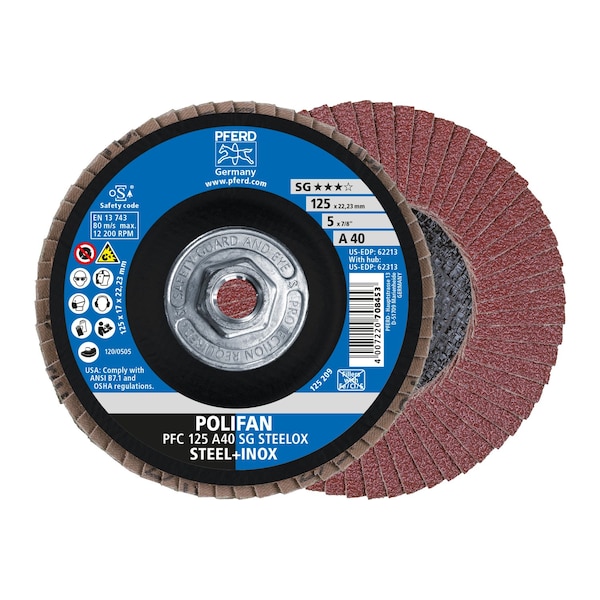 Pferd 5" x 5/8-11 Thd. POLIFAN Flap Disc - A SG STEELOX, Aluminum oxide, 40 Grit, Conical - 62313