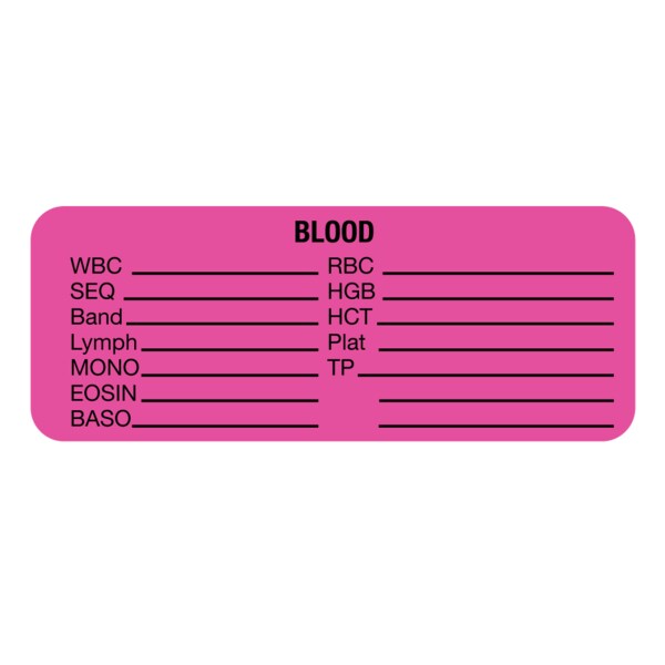 Nevs Label, Blood WBC_ SEG_RBC_HGB_ 7/8 x 1-5/8 Flr Pink w/Black - LW-0023