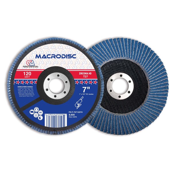 Continental Abrasives 7" x 7/8" 120 Grit T27 Zirconia High Density  Flap Disc - F-7071207H
