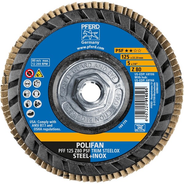 Pferd 5'' x 5/8-11 Thd. POLIFAN Flap Disc - Z PSF TRIM STEELOX, Zirconia, 80 Grit, Flat - 68166