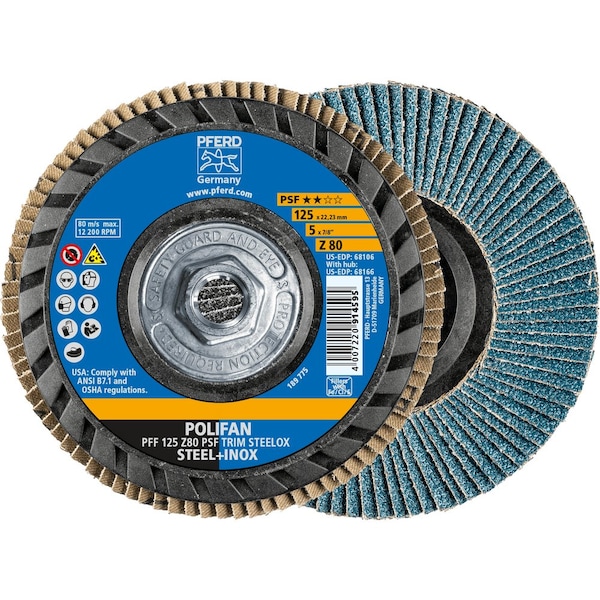 Pferd 5'' x 5/8-11 Thd. POLIFAN Flap Disc - Z PSF TRIM STEELOX, Zirconia, 80 Grit, Flat - 68166