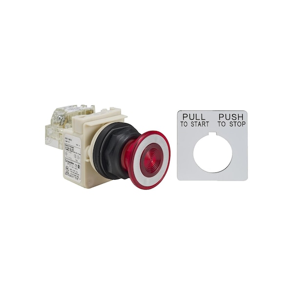 Botón pulsador iluminado, Harmony 9001SK, de plástico, con forma de hongo de 41mm, color rojo, de 30mm, 2 posiciones, empuje-tire, 24-28V, 1 contacto normalmente abierto - 9001SKR9P35RH13