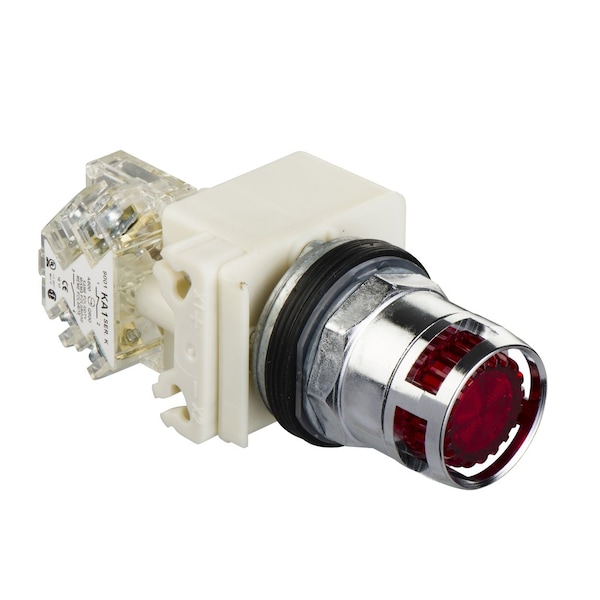 Botón pulsador iluminado de Schneider Electric, Harmony 9001K, metal, protección metálica empotrada, color rojo, 30mm, retorno por resorte, 120V, 1 contacto de trabajo - 9001K3L38RH13