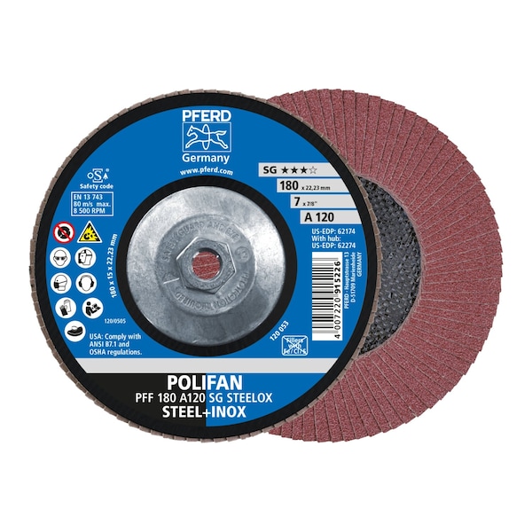 Pferd 7" x 5/8-11 Thd. POLIFAN Flap Disc - A SG STEELOX, Aluminum oxide, 120 Grit, Conical - 62274
