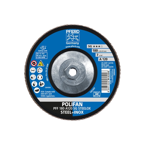 Pferd 7" x 5/8-11 Thd. POLIFAN Flap Disc - A SG STEELOX, Aluminum oxide, 120 Grit, Conical - 62274