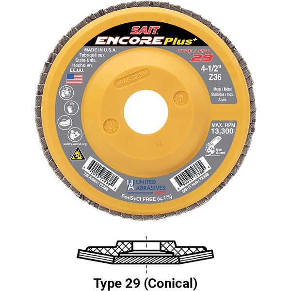 United Abrasives/Sait United Abrasives - Sait Encore Flap Disc Type 29 4-1/2 " x 7/8" 80 Grit Zirconium - 72241