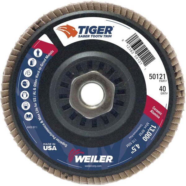 Weiler 4-1/2 Tiger Flap Disc, Conical TY29, 40C, 5/8-11 UNC - 50121