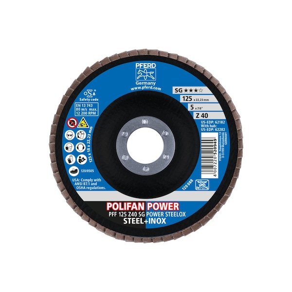 Pferd 5" x 7/8" A.H. POLIFAN Flap Disc - Z SG POWER STEELOX, Zirconia, 40 Grit, Flat - 62182