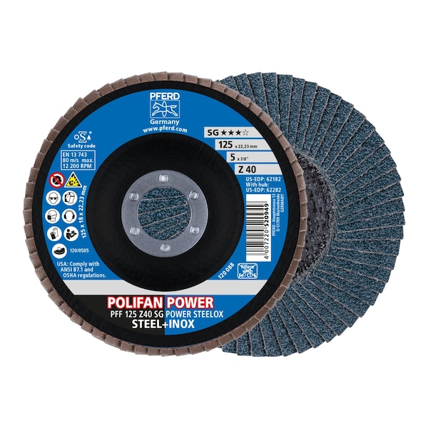 Pferd 5" x 7/8" A.H. POLIFAN Flap Disc - Z SG POWER STEELOX, Zirconia, 40 Grit, Flat - 62182