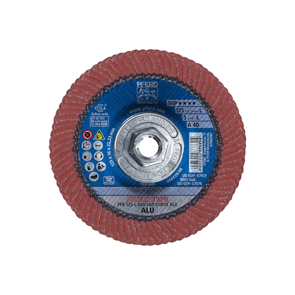 Pferd 5" x 5/8-11 Thd. POLIFAN Flap Disc - A SGP CURVE STEELOX, Aluminum oxide, 40 Grit, Large Radius - 67676