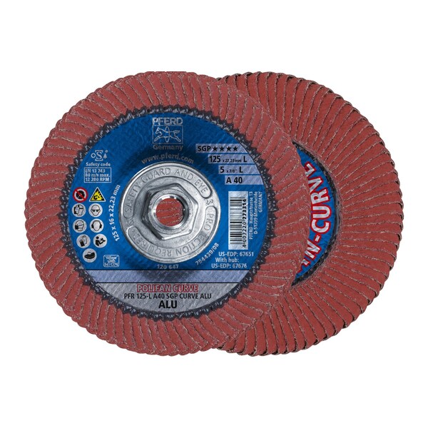 Pferd 5" x 5/8-11 Thd. POLIFAN Flap Disc - A SGP CURVE STEELOX, Aluminum oxide, 40 Grit, Large Radius - 67676