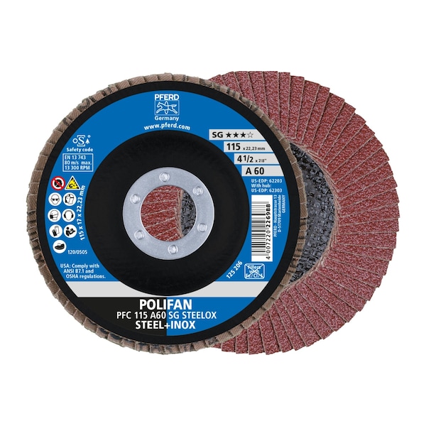 Pferd 4-1/2" x 7/8" A.H. POLIFAN Flap Disc - A SG STEELOX, Aluminum oxide, 60 Grit, Conical - 62203