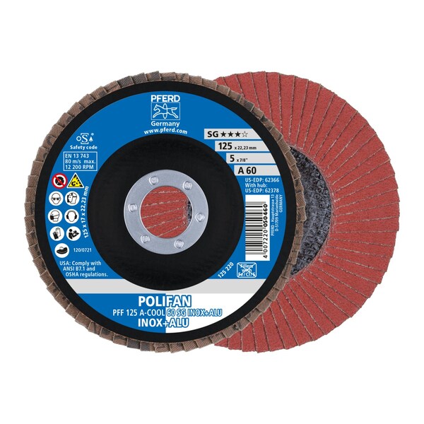 Pferd 5" x 7/8" A.H. POLIFAN Flap Disc - A-COOL SG INOX+ALU, Aluminum oxide, 60 Grit, Flat - 62366