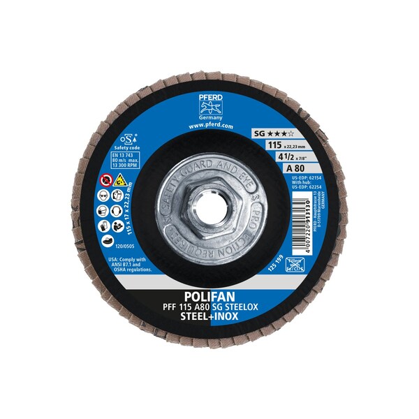 Pferd 4-1/2" x 5/8-11 Thd. POLIFAN Flap Disc - A SG STEELOX, Aluminum oxide, 80 Grit, Flat - 62254